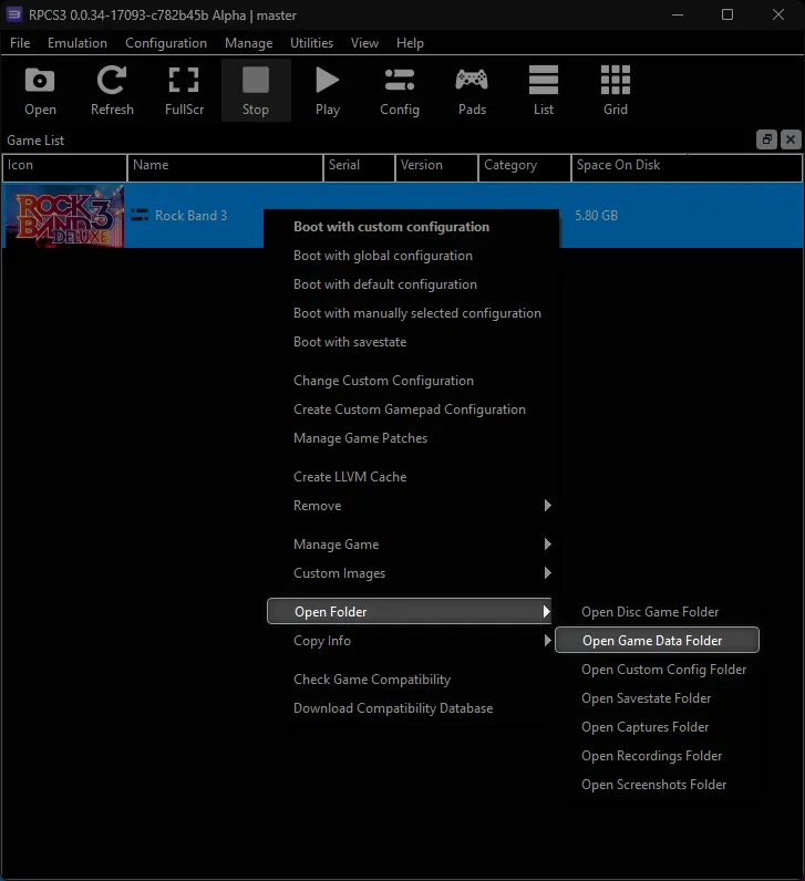 RPCS3 with 'Open Game Data Folder', within the 'Open Folder' menu, highlighted and with a cursor over it.