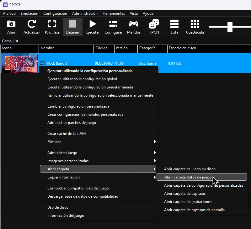 RPCS3 con el cursor sobre 'Abrir carpeta de Datos de juego', dentro del menú despegable de 'Abrir carpeta'.