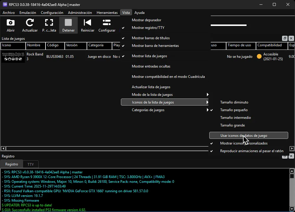 La biblioteca de RPCS3, activando 'Prefer Game Data Icon'.