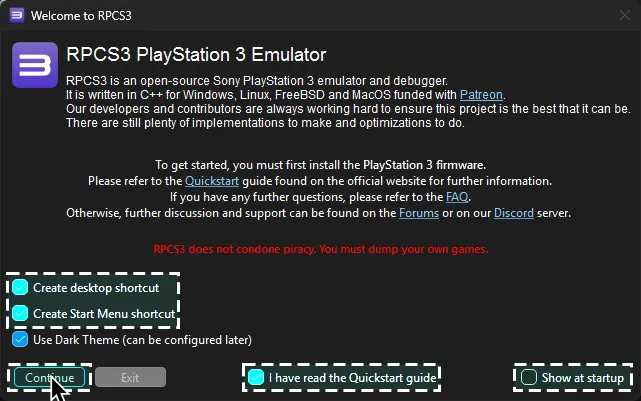 RPCS3 welcoming the user, with the mouse cursor hovering over 'Continue'.