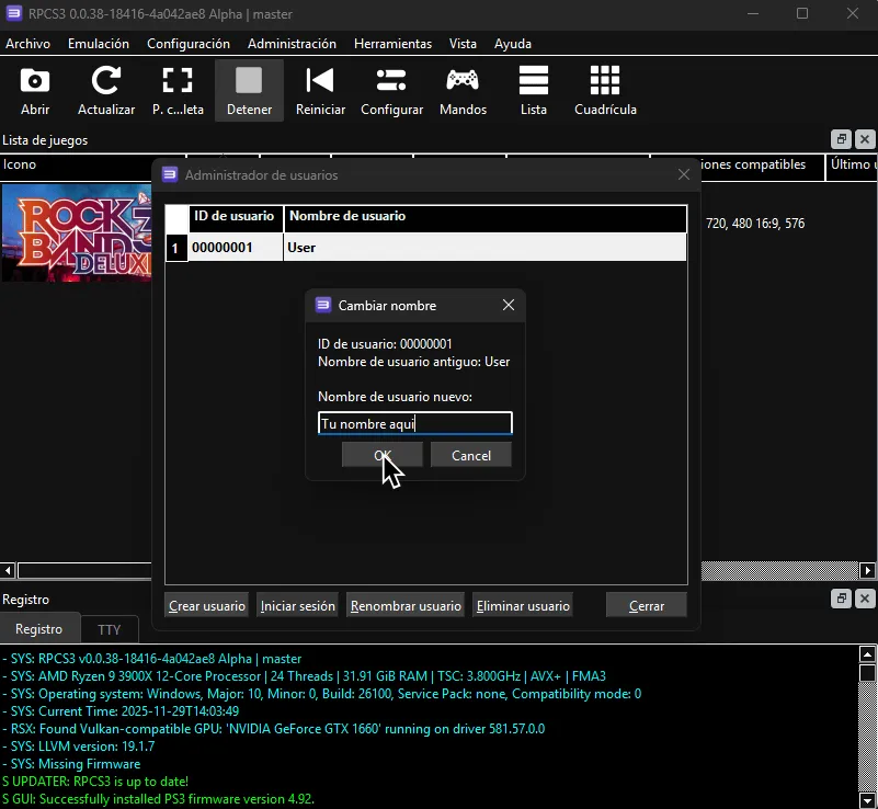 'Administrador de usuarios' de RPCS3, mostrando usuario predeterminado.