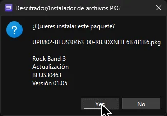 El Decrypter/Installer de RPCS3 preguntando si el usuario desea instalar el archivo de paquete de Rock Band 3 Deluxe.