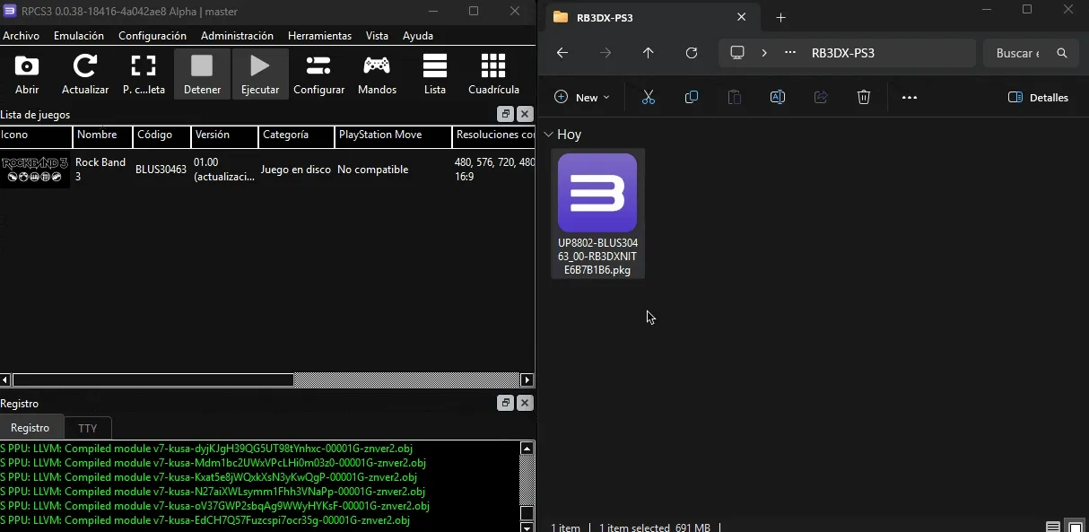 El archivo PKG siendo arrastrado en RPCS3.