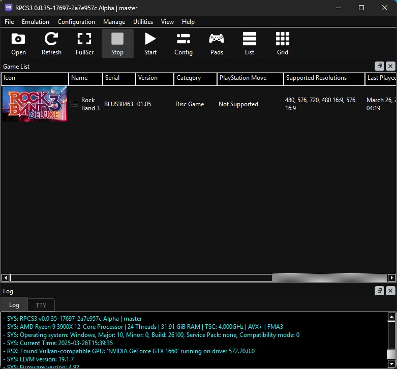 RPCS3's game library, showing an updated icon for Rock Band 3. It's now using the Rock Band 3 Deluxe icon.