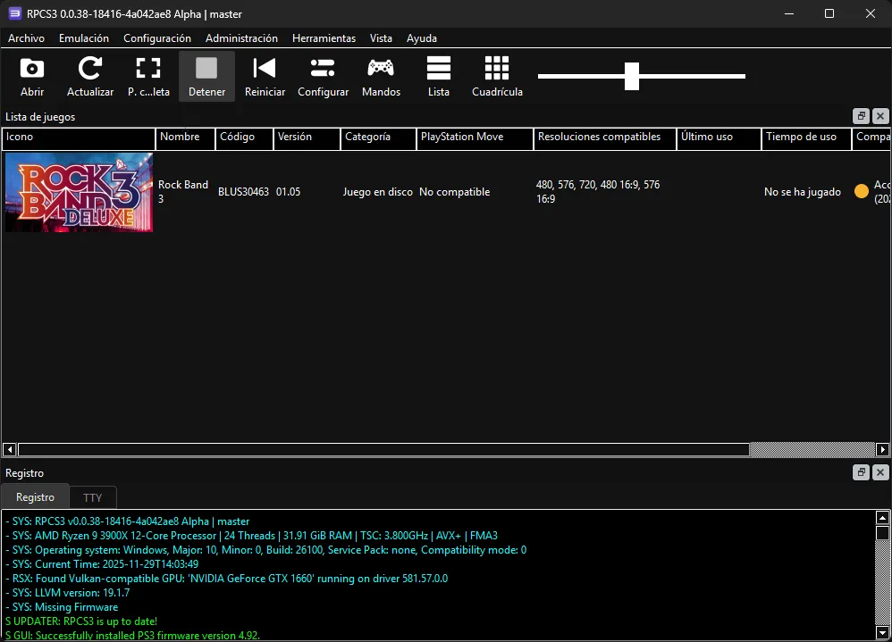 La biblioteca de RPCS3, enseñando el icono de Rock Band 3 usando un icono nuevo de Rock Band 3 Deluxe.