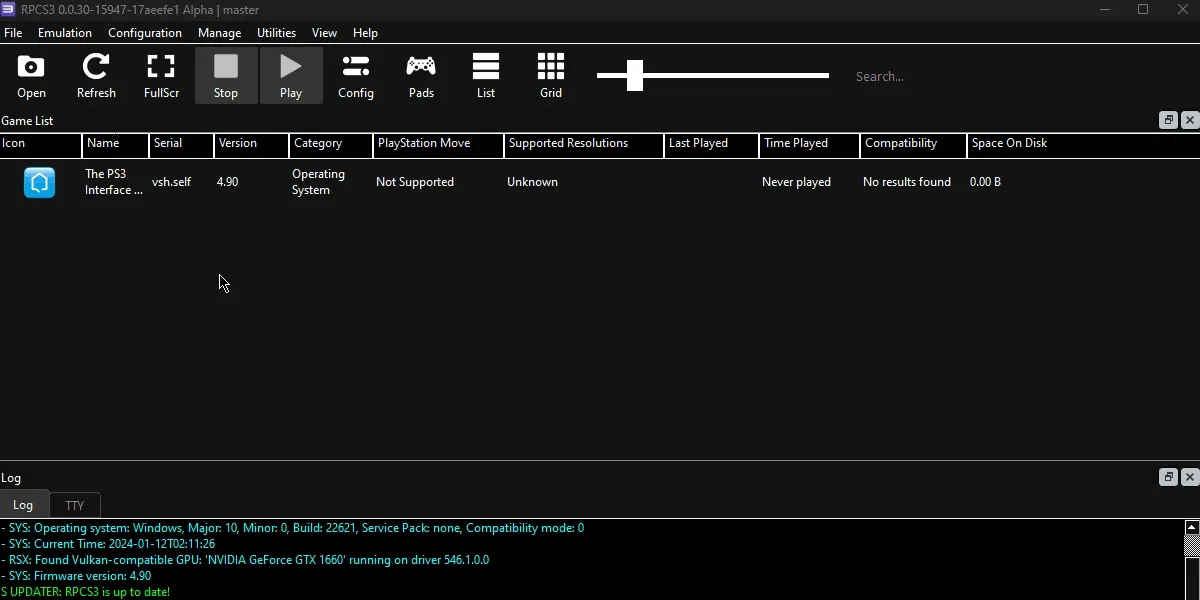 The 'Refresh' button being clicked in RPCS3, which updates it to display Rock Band 3 in the game list.