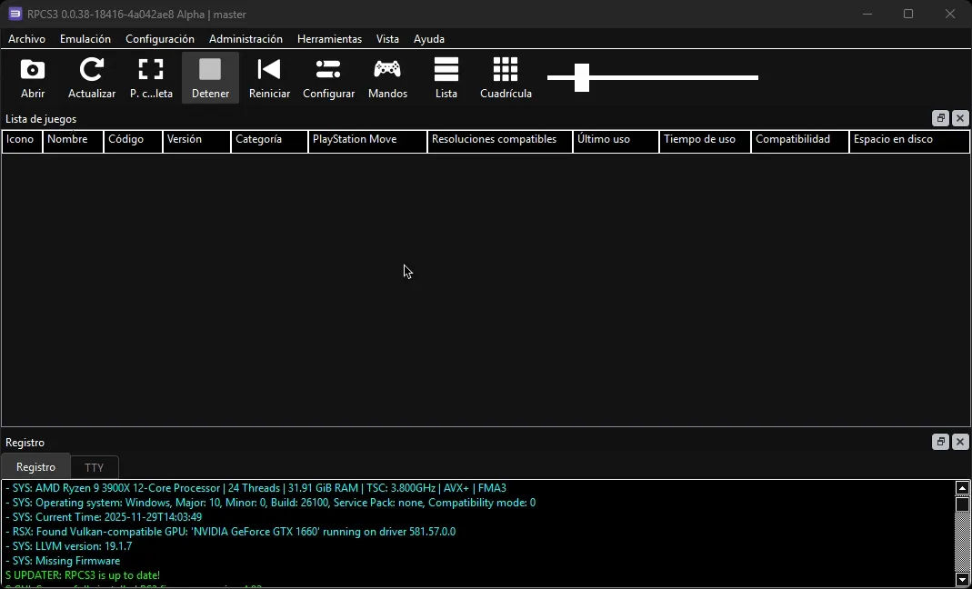 Presionando el botón de 'Refresh' en RPCS3, que actualiza la lista de juegos para mostrar Rock Band 3.