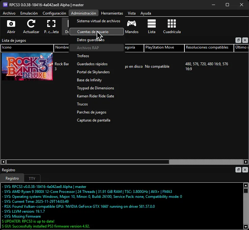 RPCS3 mostrando 'Cuentas de usuario' abajo del menú de 'Administración'.