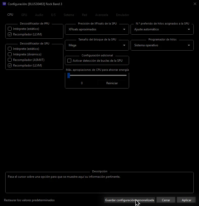 La configuración personalizada de Rock Band 3 dentro de RPCS3 con el ratón sobre 'Guardar configuración personalizada'.