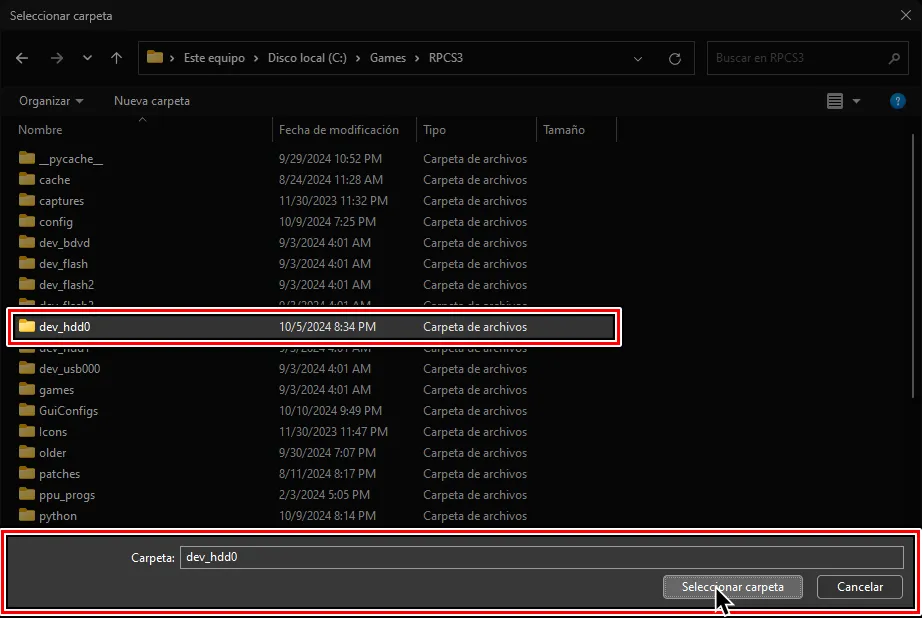 Un explorador de archivos. La carpeta de 'dev_hdd0' esta elegida y el cursor esta sobre 'Seleccionar carpeta'.