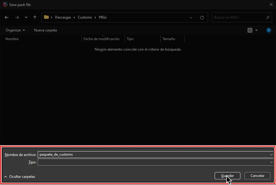 El explorador de archivos. El archivo ha sido llamado 'paquete_de_customs'.