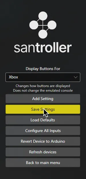 Santroller with a cursor is hovering over 'Save Settings'.