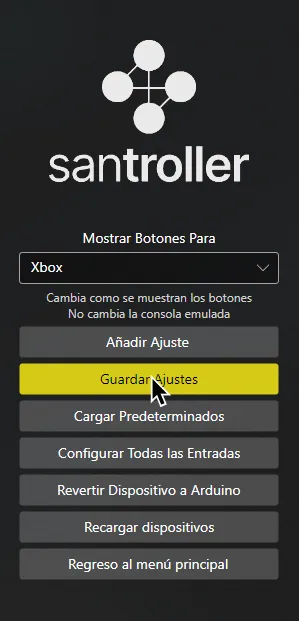 Santroller con el cursor sobre 'Guardar Ajustes'.