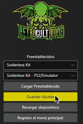 Santroller con el cursor sobre 'Guardar Ajustes'.
