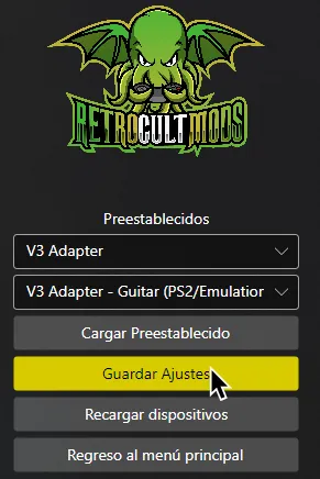 Santroller con el cursor sobre 'Guardar Ajustes'.