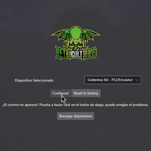 La pantalla inicial de 'RCM Programming Tool'. 'Dispositivo Seleccionado' esta en 'V3 Adapter - Guitar (PS2/Emulation)' y el cursor esta en Configurar.