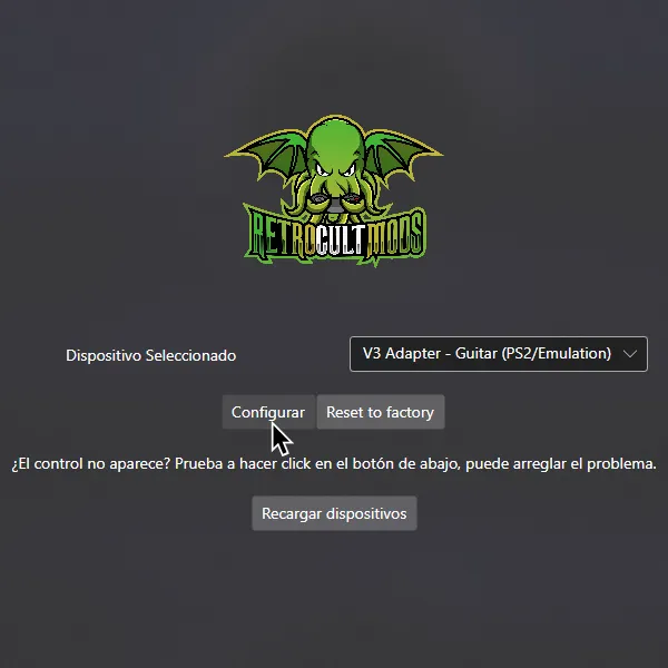 La pantalla inicial de 'RCM Programming Tool'. 'Dispositivo Seleccionado' esta en 'V3 Adapter - Guitar (PS2/Emulation)' y el cursor esta en Configurar.