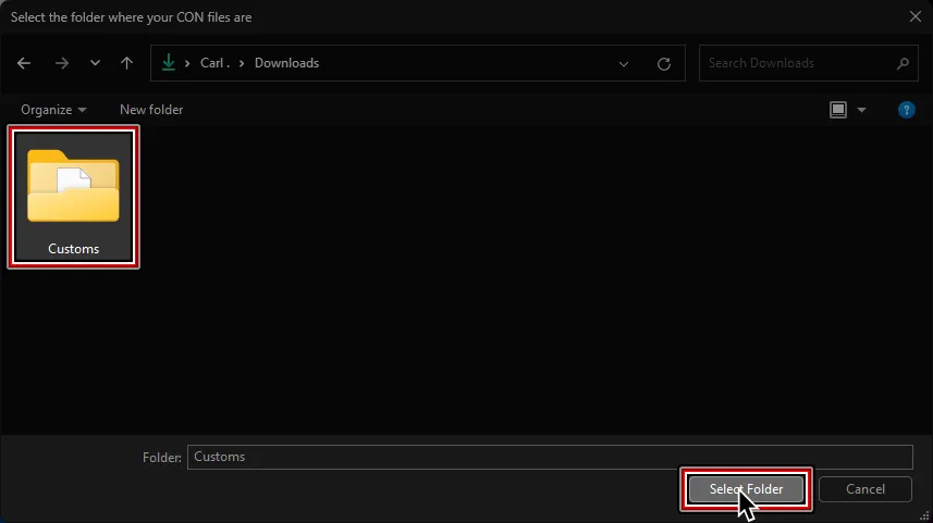 A file browser window. A folder named 'Customs' is selected and the cursor is over 'Select folder'.