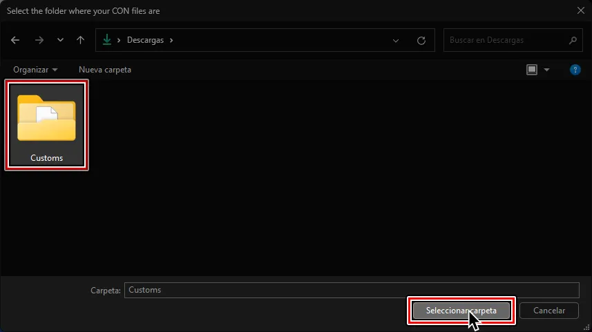 El explorador de archivos. Una carpeta llamada 'Customs' esta resaltada y el cursor esta sobre 'Seleccionar carpeta'.