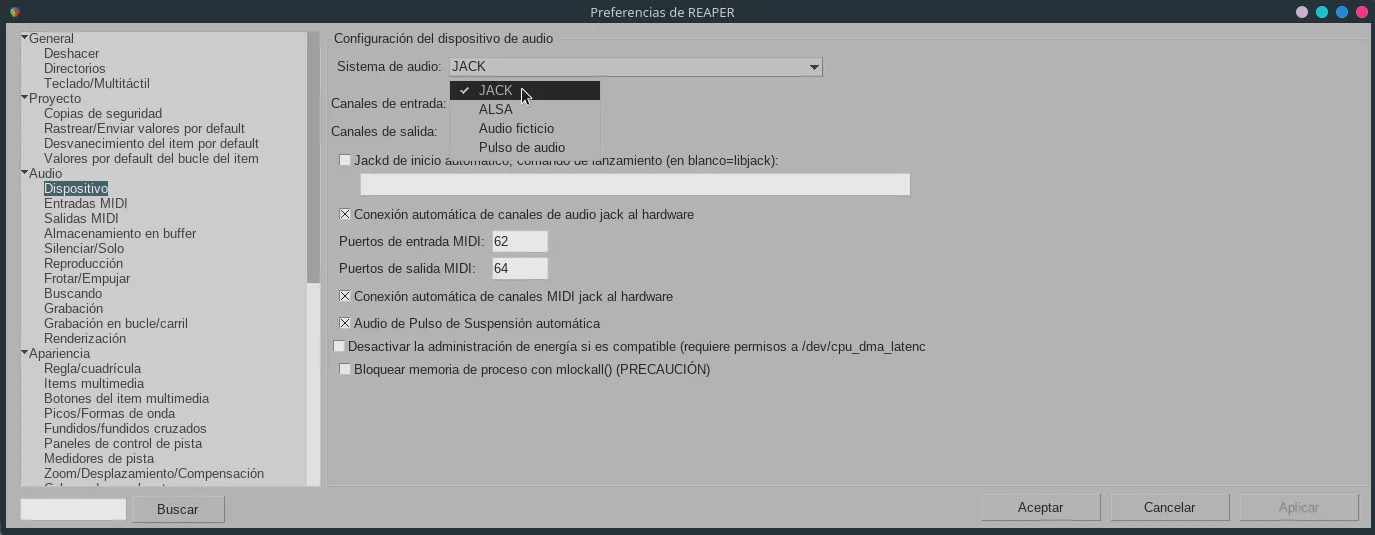 Las preferencias de REAPER, mostrando la sección de Dispositivos.