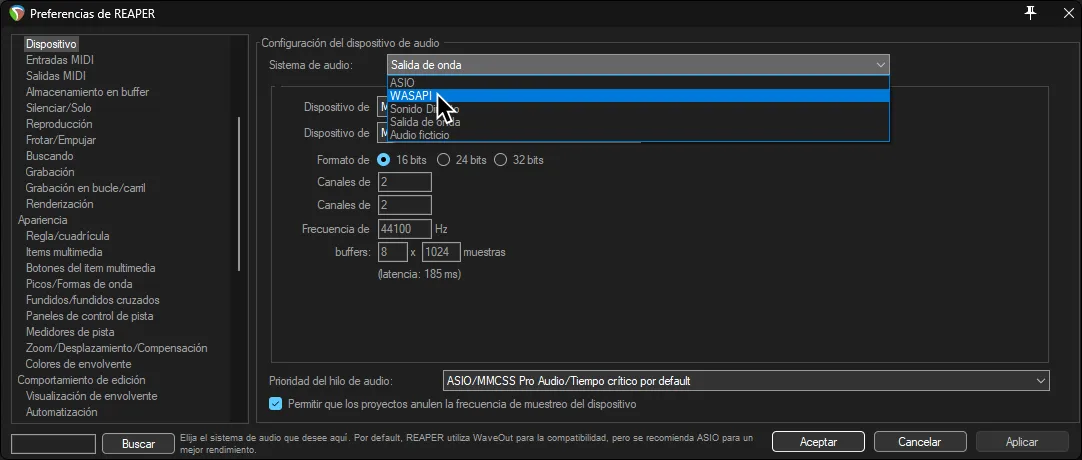 Las preferencias de REAPER, mostrando la sección de Dispositivos.