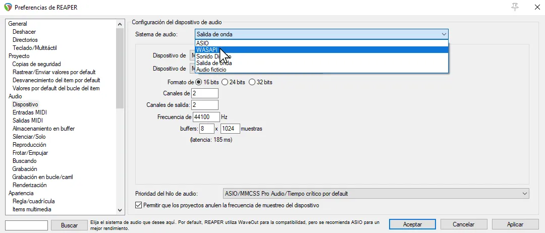 Las preferencias de REAPER, mostrando la sección de Dispositivos.