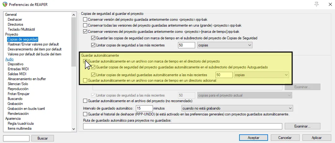 Las preferencias de REAPER, mostrando la sección de copias de seguridad.