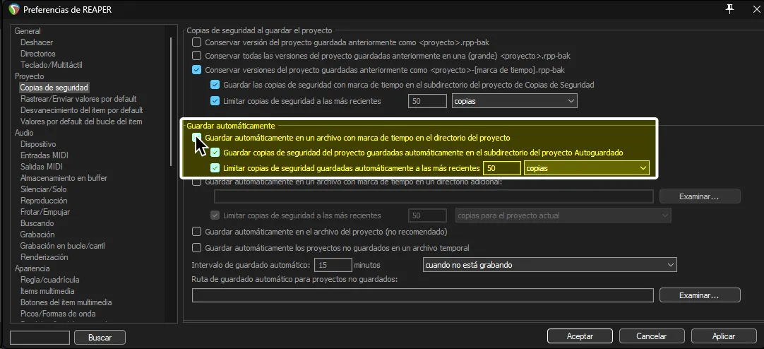 Las preferencias de REAPER, mostrando la sección de copias de seguridad.