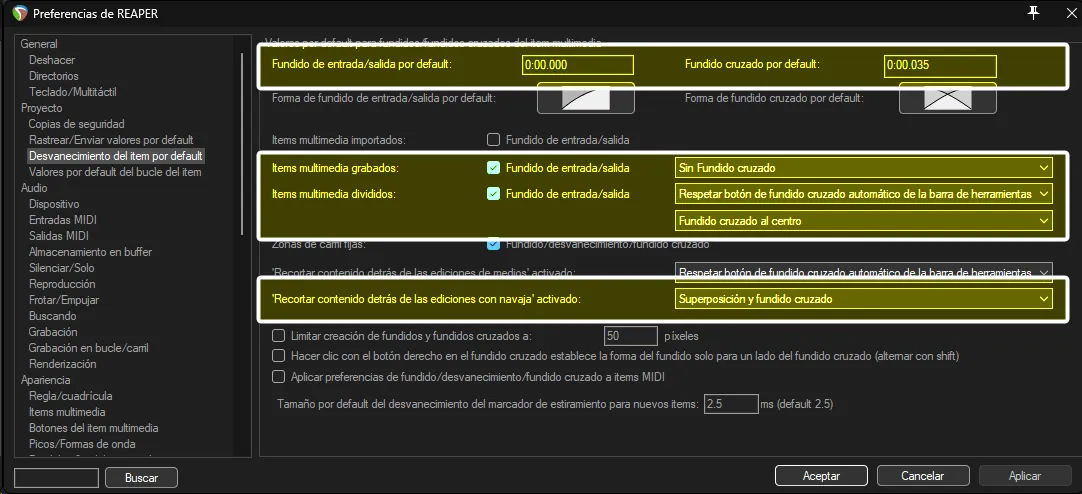 Las preferencias de REAPER, mostrando la sección de 'Desvanecimiento del ítem por default'.