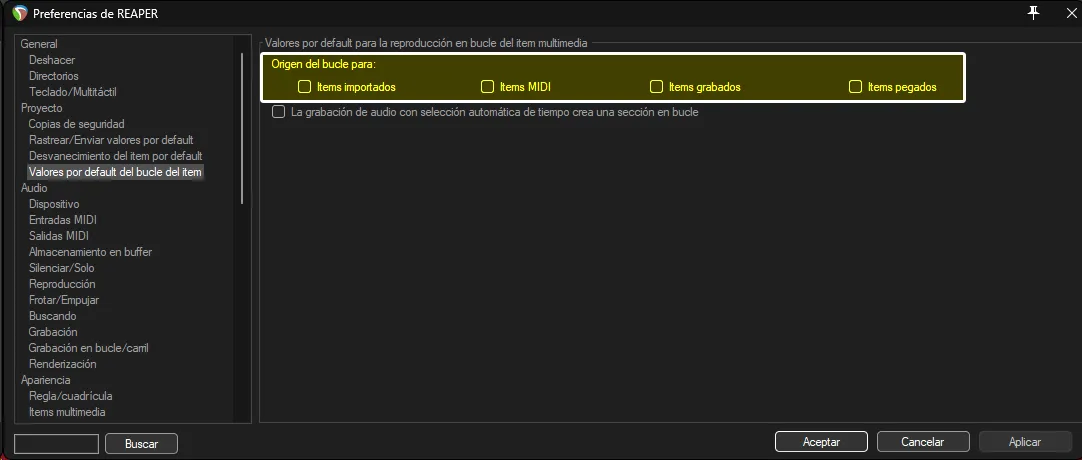 Las preferencias de REAPER, mostrando la sección de copias de seguridad.