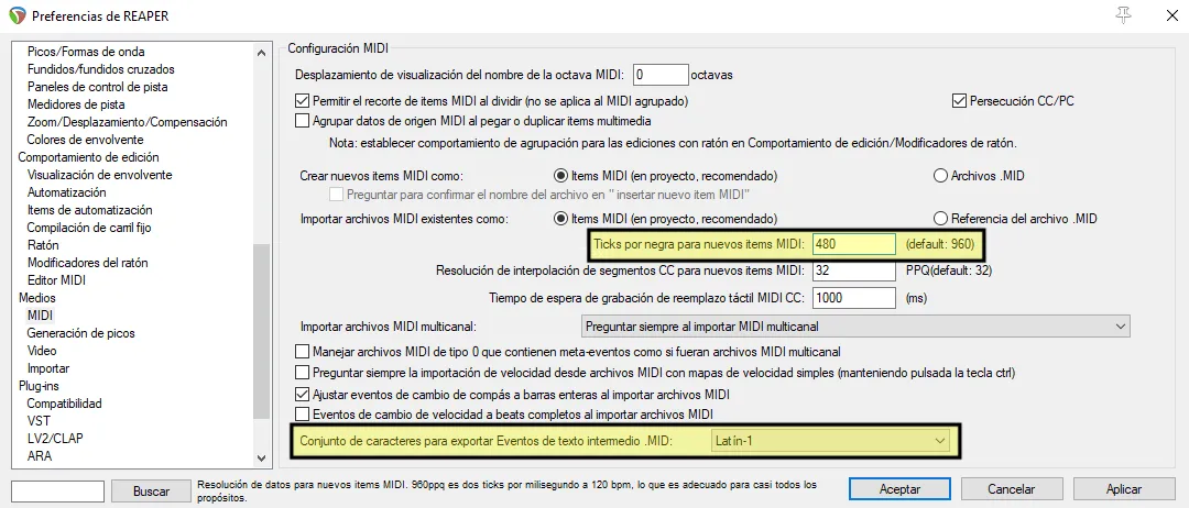 Las preferencias de REAPER, mostrando la sección de MIDI.