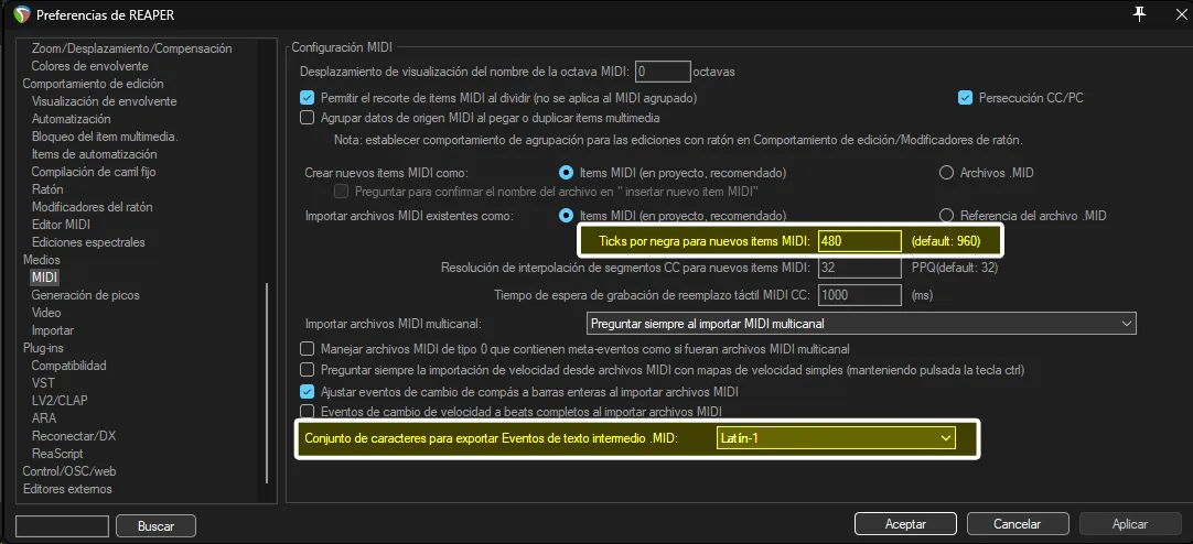 Las preferencias de REAPER, mostrando la sección de MIDI.