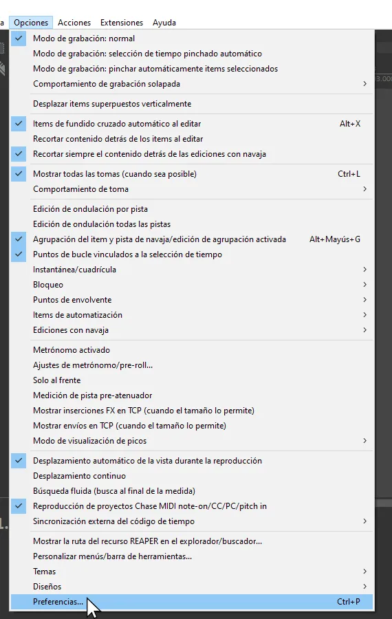 REAPER con el cursor sobre 'Preferencias'.