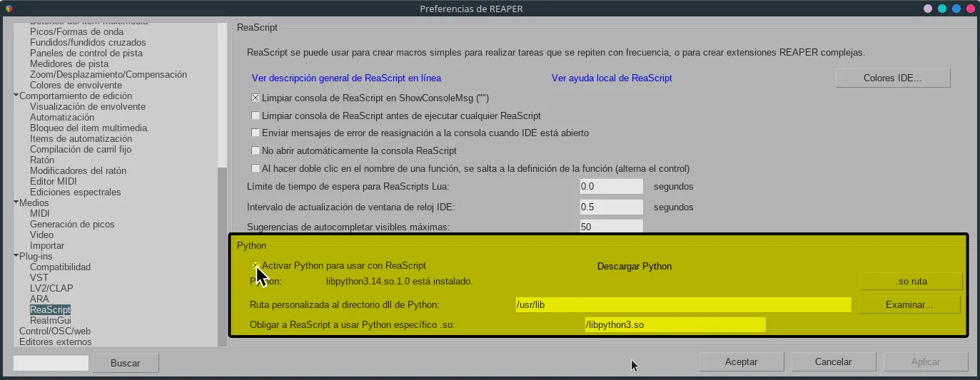 Las preferencias de REAPER, mostrando la sección de Python.