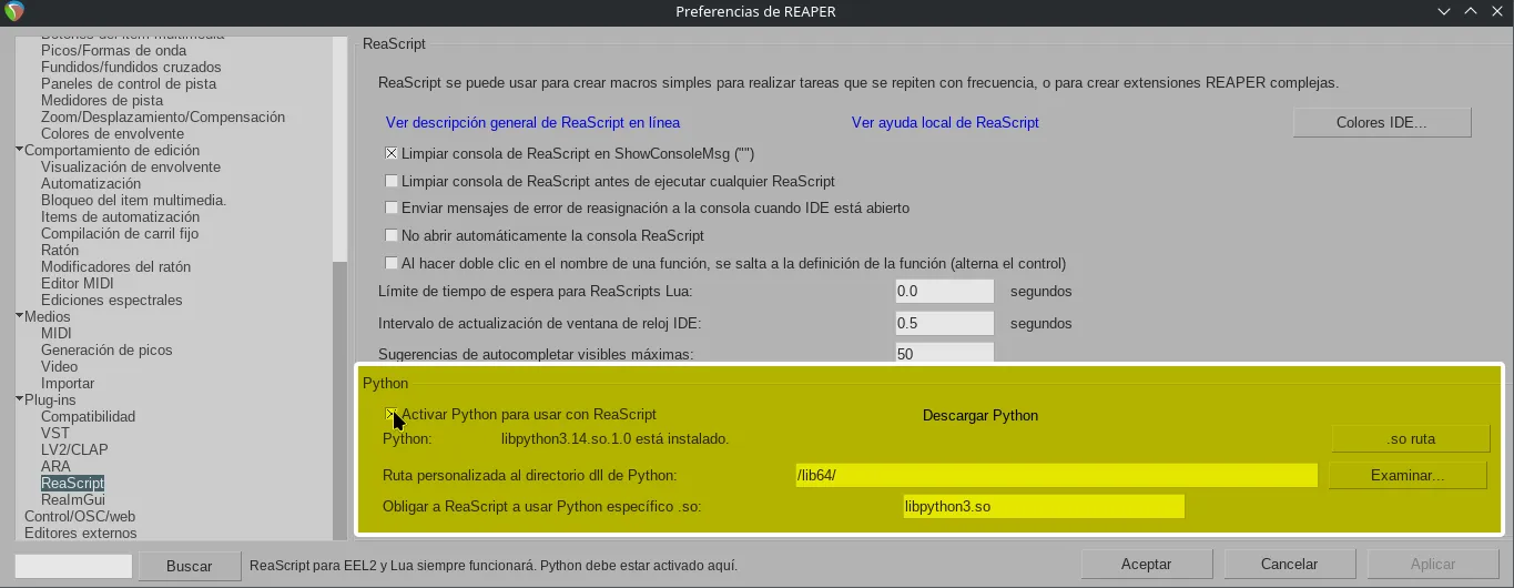 Las preferencias de REAPER, mostrando la sección de Python.