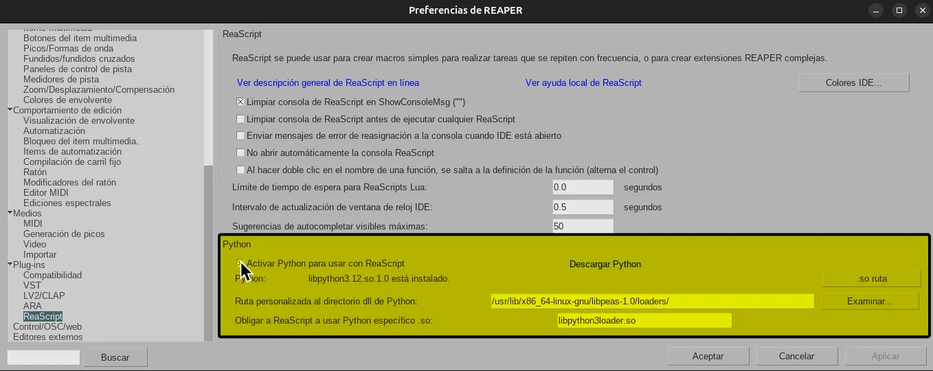 Las preferencias de REAPER, mostrando la sección de Python.