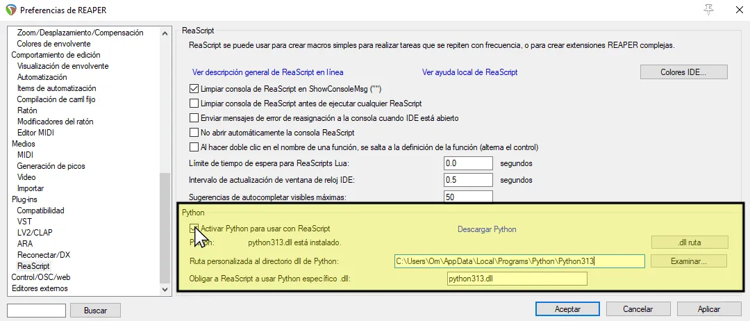 Las preferencias de REAPER, mostrando la sección de Python.