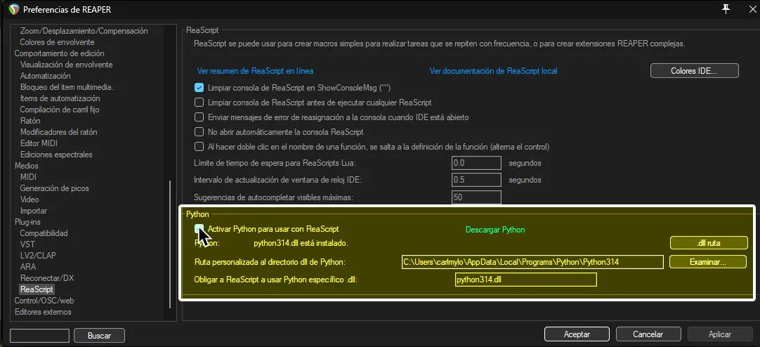 Las preferencias de REAPER, mostrando la sección de Python.