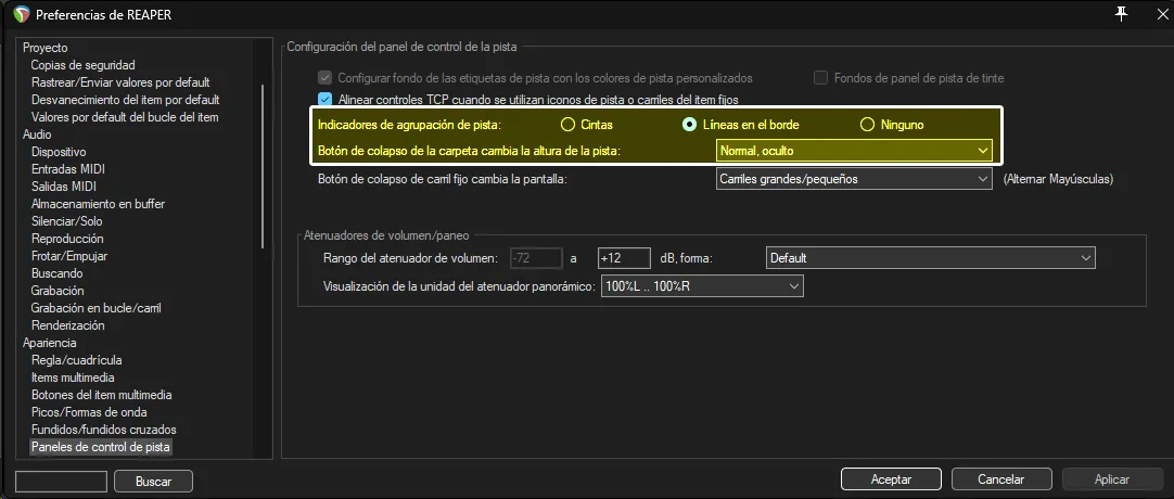 Las preferencias de REAPER, mostrando la sección de 'Paneles de control de pista'.
