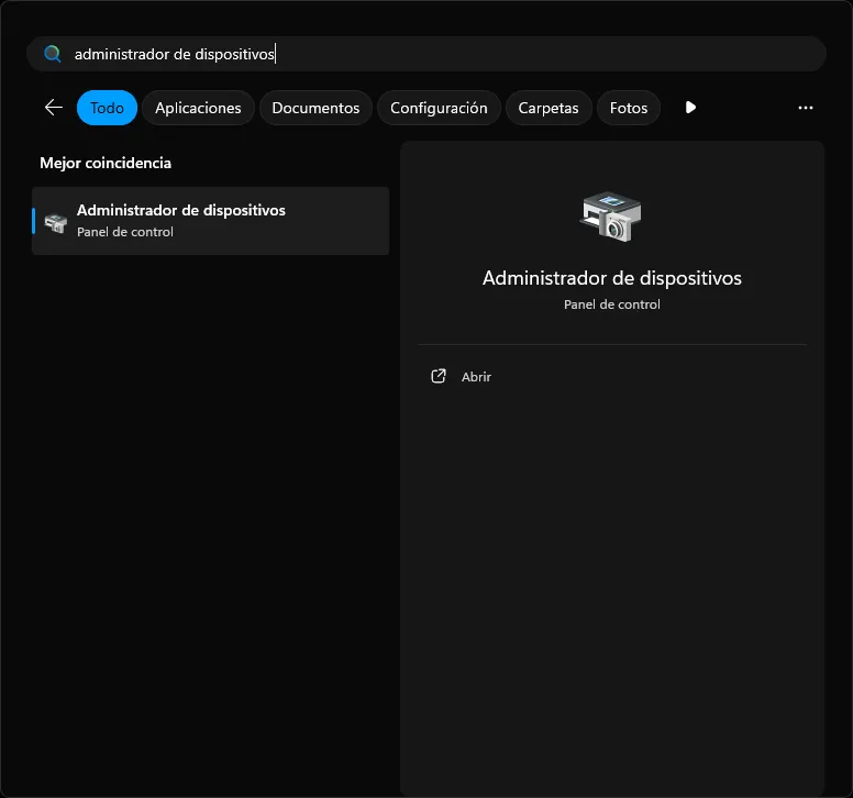 El menú de Inicio con un resultado de 'Administrador de dispositivos'.