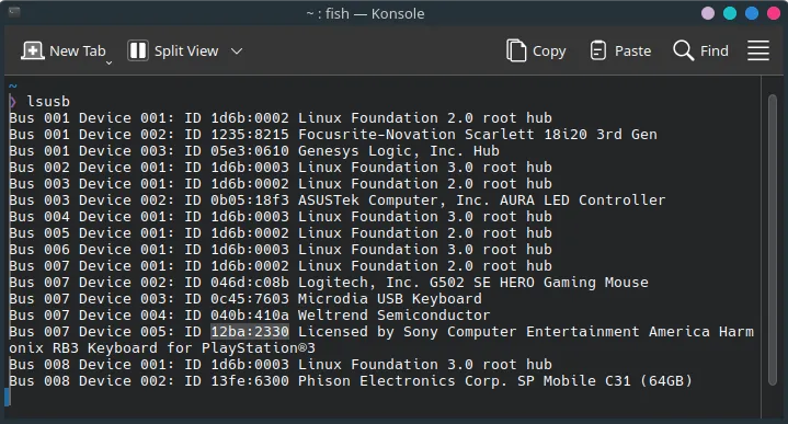 A terminal showing a large list of USB devices connected, with their corresponding bus, device number, PID, VID, and name.