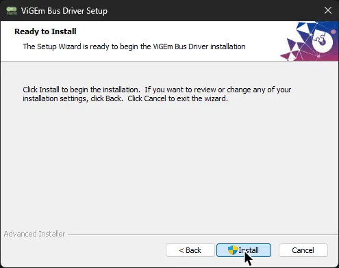 The installer for ViGEmBus with a cursor over 'Install'.