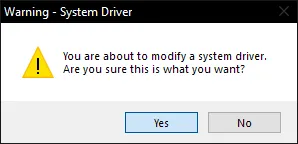 Zadig warning the user that they're about to modify a system driver, with 'Yes' highlighted