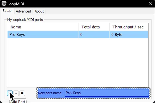 loopMIDI with a mouse cursor over the Plus symbol for 'Add Port'. Additionally, 'New port name' is highlighted in blue with a dotted outline, with 'Pro Keys' typed out in the text field.