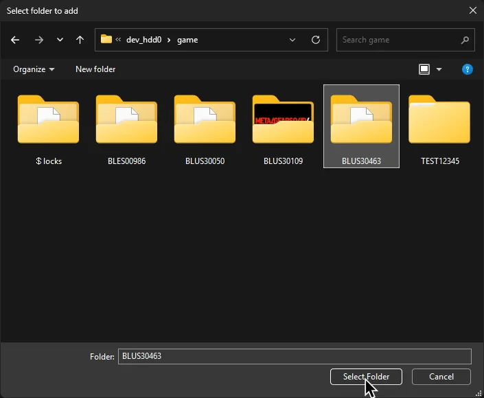 A Windows Explorer window, with Rock Band 3's folder selected. Its name is 'BLUS30463'.