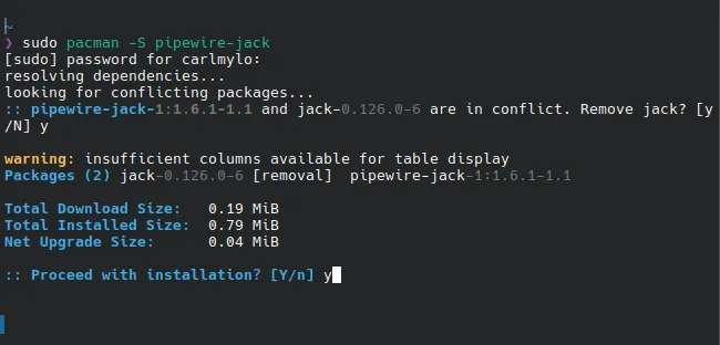 A terminal downloading pipewire-jack via Pacman.