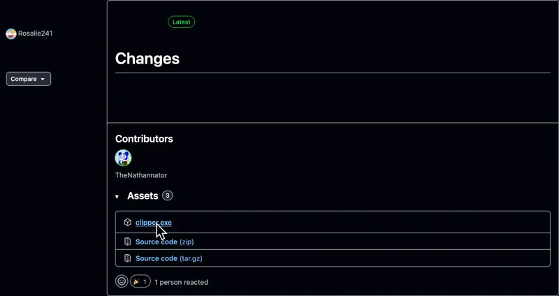 The release page for Clipper on GitHub. The cursor is over 'clipper.exe' under 'Assets'.