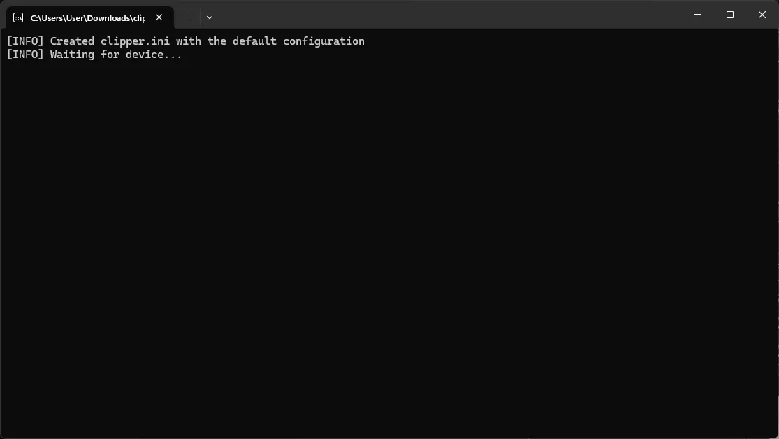 A command line showing clipper is running and waiting for a device.