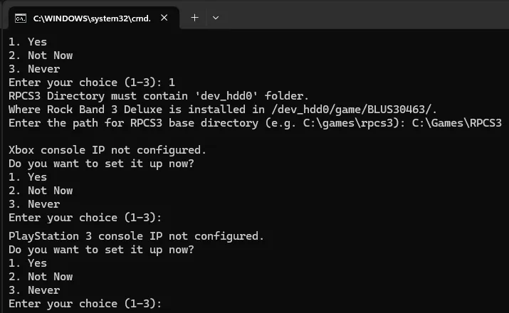 'py dx_discordrp.py' asking the user if they want to set up Xbox 360 or PlayStation 3.