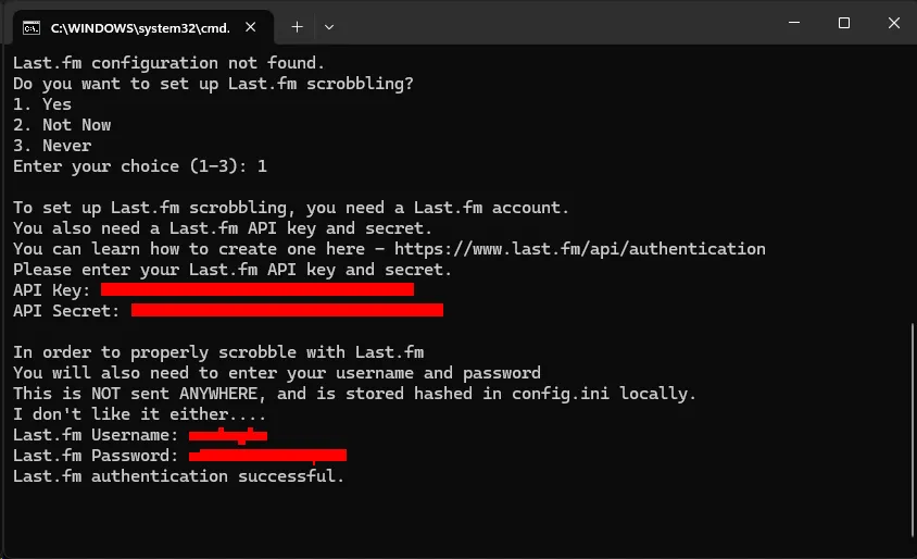 A command prompt with the script asking the user for the API Key, API Secret. It then asks the user to provide a username and password.